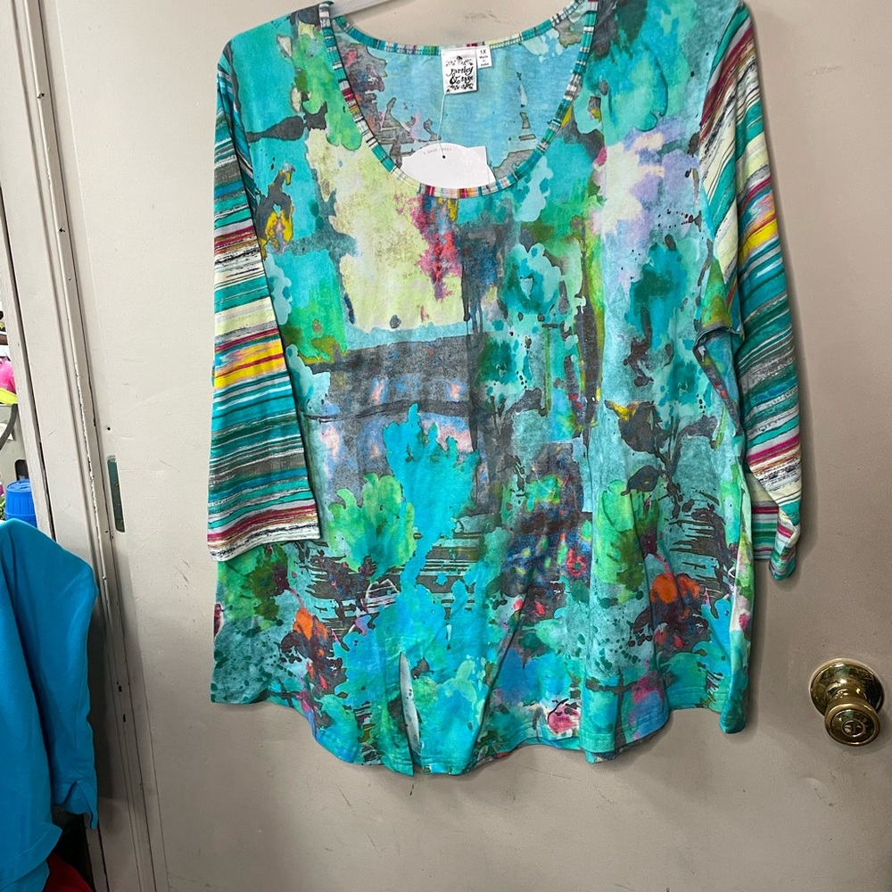 Parsley & Sage plus size, 3/4 sleeve, scoop neck multi color pullover top - Picture 2 of 9